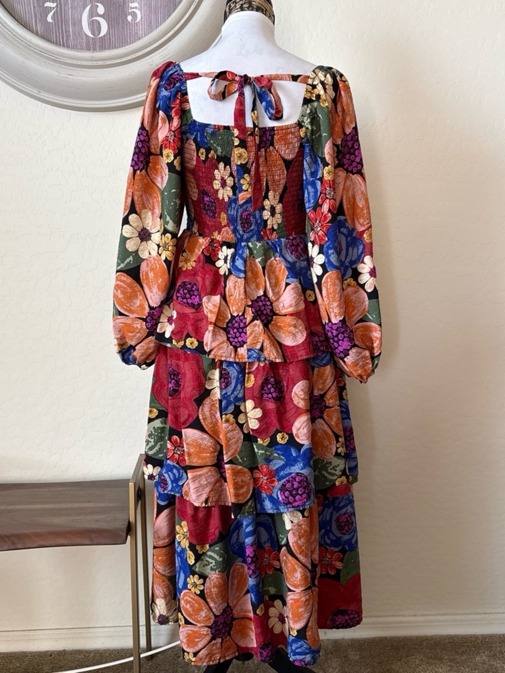 Oddi Floral Tiered Midi rayon Dress with Square Neck - Multicolor. S - Picture 2 of 7